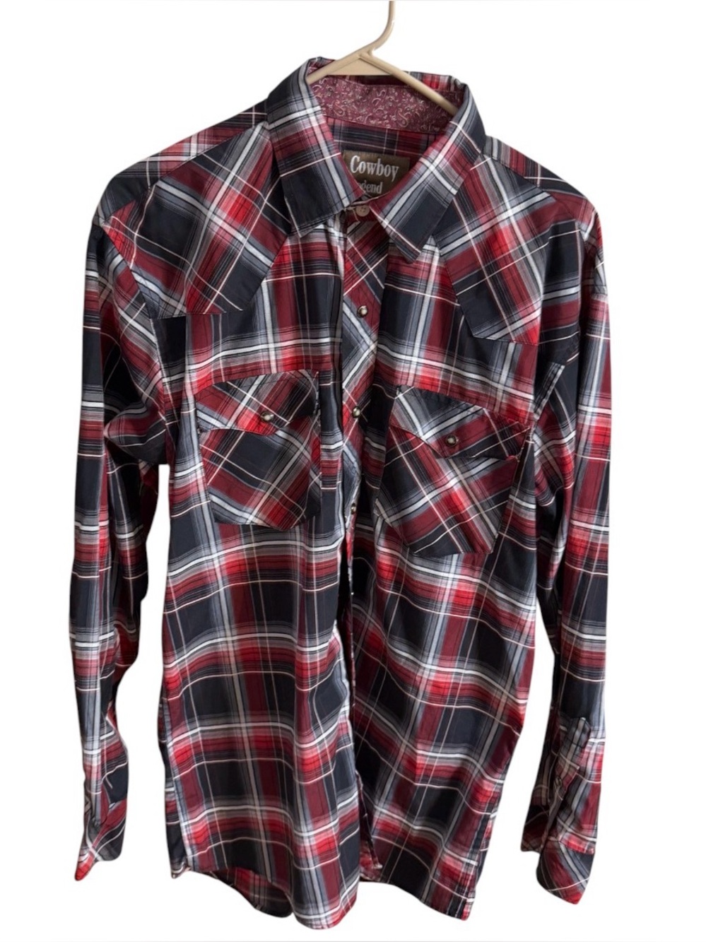 Cowboy Legend Red & Black Plaid Western LS Shirt  size large  pearl snap